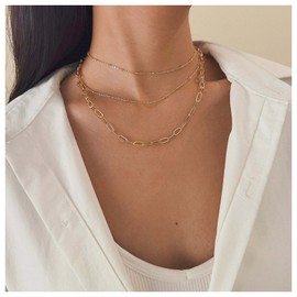 Allereya Vintage Layered Paper Clip Chain Necklace Gold Layered Choker Necklace Satellite Chain Choker Necklace Chunky Link Chain Choker Necklace Jewellery for Women and Girls