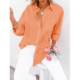 siliteelon Button Down Shirts for Women Dress Shirts Long Sleeve Wrinkle-Free Blouse Casual Solid Office Work Tunic Top - Oxford Orange L