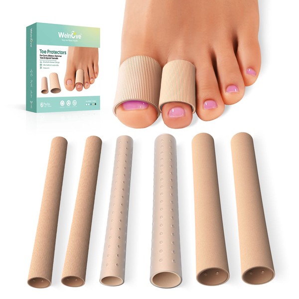 Welnove Cuttable Toe Tubes Sleeves - 6 Pack Toe Protectors for Hammer Toes, Corns, Calluses, Blisters - Fabric & Breathable Gel Lining Toe Sleeve Protectors Relief Toe Pressure Pain