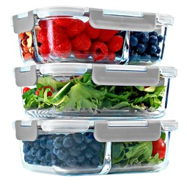 FIT Strong & Healthy Meal Prep Containers Glass, 1 & 2 & 3 Compartments – Portion Control Bento Box Adult, Glass Lunch Containers with Lids, Oven & Freezer Safe Bento Box, 35 oz, Gray, 3 Pack