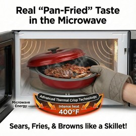 MACONEE Microwave Frying Pan Skillet, Grill & Crisper Pan with Lid Allows You to Fry, Sizzle, and Brown Foods in the Microwave, Micro Cookware for Grilling, Reheating, and Cooking a Variety of Dishes