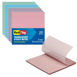 Redi-Tag Translucent Sticky Notes, Transparent Self-Stick Notes, 3" x 3", Pastel Colors, 8 Pads, 50 Notes Per Pad, 400 Sheets (1006595)