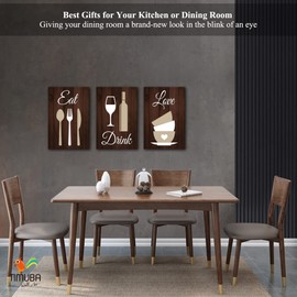 TIMUBA 3 Piece Canvas Prints Wall Art Kitchen Wall Art Love Eat Drink Dining Room Pictures for Wall Decor, Knives Forks Wine Glasses Paintings Print Framed Artwork for Living Room 12x18x3 Inch