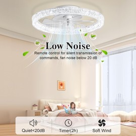Ceiling Fans with Lights and Remote Fandelier - 20'' Flush Mount Low Profile Modern Ceiling Fans for Bedroom - Stepless Color Temperature and 6 Speeds, White Regular Crystal