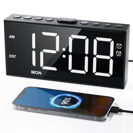 Alarm Clock for Bedroom Heavy Sleepers, Dual Alarms,Weekday/Weekend/Everyday,7.5''LED Large Display,5 Dimmer,Digital Clock with Snooze, 5 Volume,Type C & USB Chargers,Snooze,Battery Backup,Easy to Use