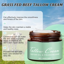 AKOFIC Grass Fed Beef Tallow with Frankincense and Castor Oil, Organic Natural Tallow Face Moisturizer, Whipped Grass Fed Honey Balm, Hydrates and Nourishes the Skin