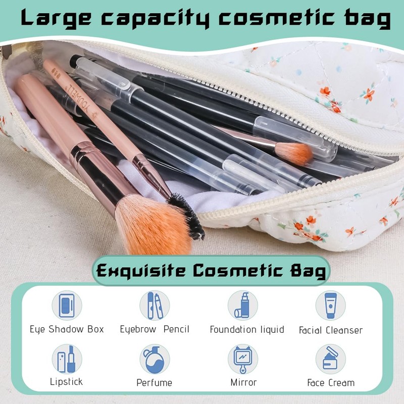 ZEPIQOR Floral Quilted Large Capacity Soft Cotton Cosmetic Bag for