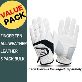 FINGER TEN Men’s Golf Gloves 5 PCS Left Hand Right Handed Leather All Weather Grip Soft Breathable Flexible for Golfers Size Small Medium ML Large XL (White, X-Large, Right)