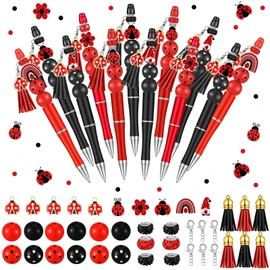 ReliThick 12 Sets Ladybug Beadable Pens Bulk Assorted Bead Pens Wood Crystal Round Spacer Set Wooden Spacer Round Beads Black Ink DIY Ballpoint for Women Men Gift Office Supplies