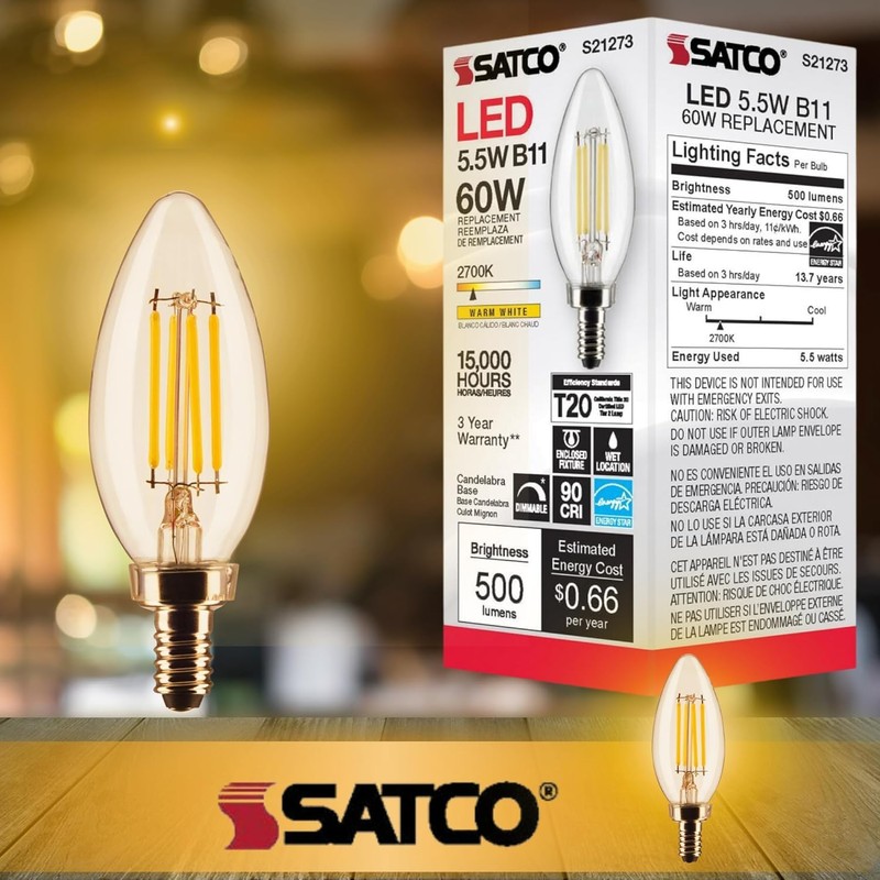 Satco Lighting S21273-5.5 Watt B11 LED Clear Dimmable Light Bulbs