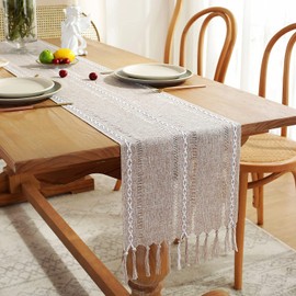 Chassic Fall Rustic Farmhouse Style Linen Table Runner, Boho Handmade Tassel Table Runners 108 Inches Long for Holiday Party, Thanksgiving and Dining Decorations, 13 x 108 inch - Light Coffee