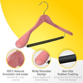 HARDW Cedar Hangers for Closet - 5 Pack Extra Wide Wooden Hangers for Suits, Coat, Dress, Jacket, Clothes Storage - Non Slip Foam Padded Pant Bar with 360° Swivel Hook, Aromatic American Cedar Wood