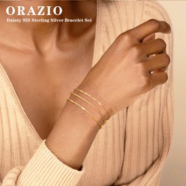 ORAZIO 3Pcs 925 Sterling Silver Gold Bracelet for Women Girls Ladies Gold Bracelets Layered Link Chain Charm Bracelet Stackable Adjustable Beaded Bracelets for Womens Girls
