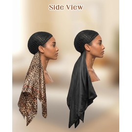 2-In-1 Wrap Cap Hair Net and Scarf, 2 Packs Silk Press Wrap Black & Leopard Print Bonnet for Hair Care, Shower Cap, Neck Scarf and Fashionable Shawl