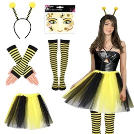 Bee Costume Adult, Women's Tulle Skirt Striped Bees, Queen Bee Costume Set, with Bee Headband, Striped Over Knee Stockings, Long Gloves, for Carnival, Masquerade, Theme Party