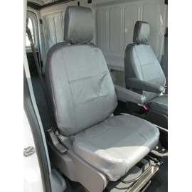 Durafit Seat Covers. Compatible with 2014-2021 Ford Transit Front Bucket Seats with Inside armrests, Adjustable headrest. Dark Gray Leatherette, Industrial Strength Protection.