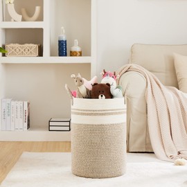 58L Large Woven Laundry Hamper by Fiona's magic, Tall Cotton Rope Storage Basket, Jute Baby Nursery Hamper for Blankets, Toys and Clothes in Bedroom and Living Room Organizing, Brown & White