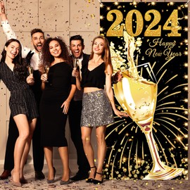 Rumia 2024 Happy New Year Door Cover Decorations Happy New Year Banner Black and Gold 2024 Happy New Year Door Banner Cheers to 2024 New Years Banner Decorations New Years Eve Party Supplies,(ru-66)