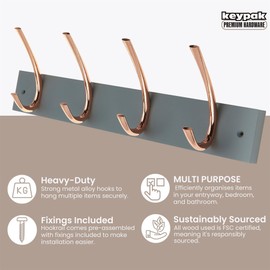 keypak 4 Double Hook Coat Rack - Polished Copper on Grey Board - 46cm Wide - Wall Mounted Wooden Rack for Hats, Coats, Entryway & Bathroom Use