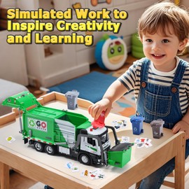 HOLYFUN 12'' Electric Garbage Truck Set with Lights & Sounds, Front Loader, Metal Cab, Friction-Powered Vehicle Cars with Dumpster, 4 Trash Bins & Sorting Cards, Play Truck Toy Kids Toddlers