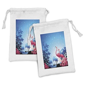 Lunarable Tropical Fabric Pouch Set of 2, Nature Scene Exotic Flowers and Palm Tree Silhouettes and Flamingos Wildlife, Small Drawstring Bag for Toiletries Masks and Favors, 9" x 6", Pink Blue White