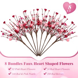 Alupssuc 8 PCS Valentine's Day Gifts, Artificial Red Berry Flower Stems Pink Heart Shaped Berries Picks Branches for Valentine Decorations, Mother's Day, Wedding Anniversary Home Table Indoor Decor