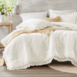 Degrees of Comfort Ivory Ruffle Bedding Set, Shabby Chic Farmhouse Twin Size Comforter, Boho Fluffy Cozy Washed Microfiber Bed Sets for Girls, 3 Piece with Ruffled Pillow Shams