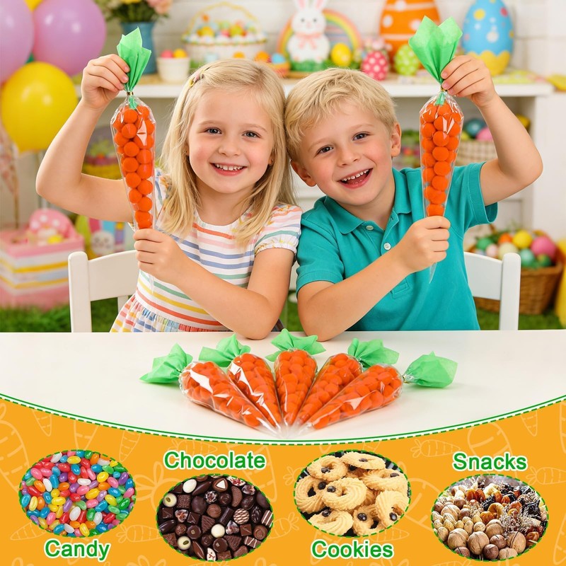 JANYUN 60 Set Clear Easter Carrot Cone Shaped Treat Bags
