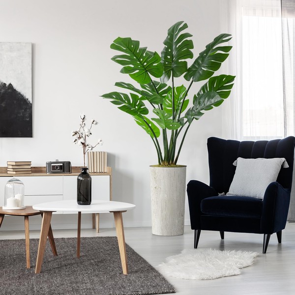 Artificial Tree in Modern Swirl Pattern Planter, Fake Monstera Silk