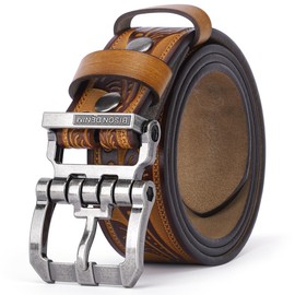 BISON DENIM Men's Belt Leather Dress Genuine Leather Classic Heavy Duty Buckle Belt Casual for Jeans, Silver buckle + printed belt, Length 105 cm, fit for waist 31" - 33"