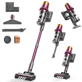 Cordless Vacuum Cleaner, 600W 55KPa Vacuum Cleaners for Home, Powerful Self-Standing Stick Vacuum with Anti-Tangle Brush & LED Display, Rechargeable Vacuum for Pet Hair, Carpets & Hard Floors, Purple