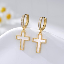 INURAN Cross Earrings for Women 925 Sterling Silver Mother of Pearl Cross Hoop Dangle Earrings 14K Gold Plated Jewelry Birthday Gifts