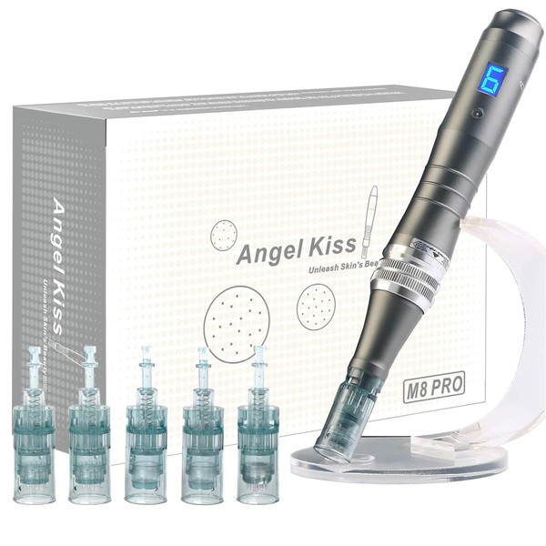 Angel Kiss M8 Pro Microneedling Pen Professional, Wireless Derma Pen Micro Needle Pen for Face Body Beard, 6 Cartridges (2 Pieces 16 Pens, 2 Pieces 36 Pens, 2 Pieces Nano) and Storage Case