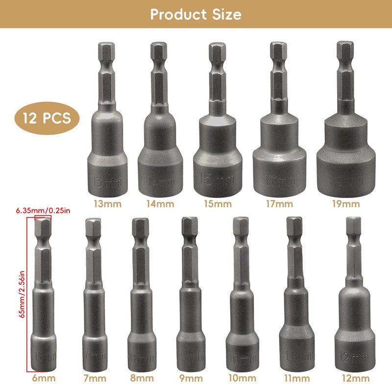 Xpieoyrm Set of 12 Magnets Hexagonal Socket, 6-19 mm Socket