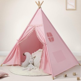 Sumbababy Teepee Tent for Kids Indoor – 100% Cotton Canvas Play Tent with Tassel Trim, Foldable Toddlers Tent for Girls, Ideal Gift with Star Lights, Banner & Carry Bag (Pink)