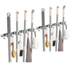 TOPSKINOY 2 Pack Broom Holder Wall Mount, Stainless Steel Broom Hanger Wall Mount, Heavy Duty Mop and Broom Holder Tool Racks Utility Hooks for Laundry Room Garden Garage, Grey (4 Racks and 5 Hooks)