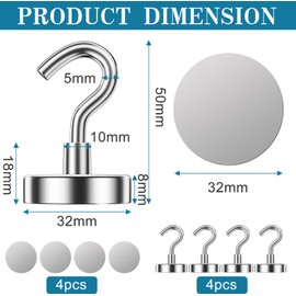 AOLLEN Pack of 4 32 mm Magnetic Hooks, Extra Strong Holds 34 kg, Magnetic Hook with 4 Metal Discs, Magnetic Hooks for Camping, Kitchen, Grill, Key Holder, Magnetic Towel Holder