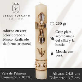 Velas Toscano - Vela de Primera Comunión para Niño y Niña Detalle Elegante en Cera Cruz plata y oro, Hostia y Caliz para Ceremonias (24.5x3.7cm) 250gr
