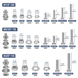 Krysay 288Pcs Hex Bolts and Nuts Assortment Kit,1/4-20,5/16-18,3/8-16 Assorted Bolts Hex Nus,Lock Nuts,Washers 304 Stainless Steel