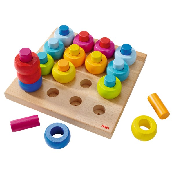 HABA Rainbow Whirls Wooden Sorting & Stacking Rings Shape Sorter,