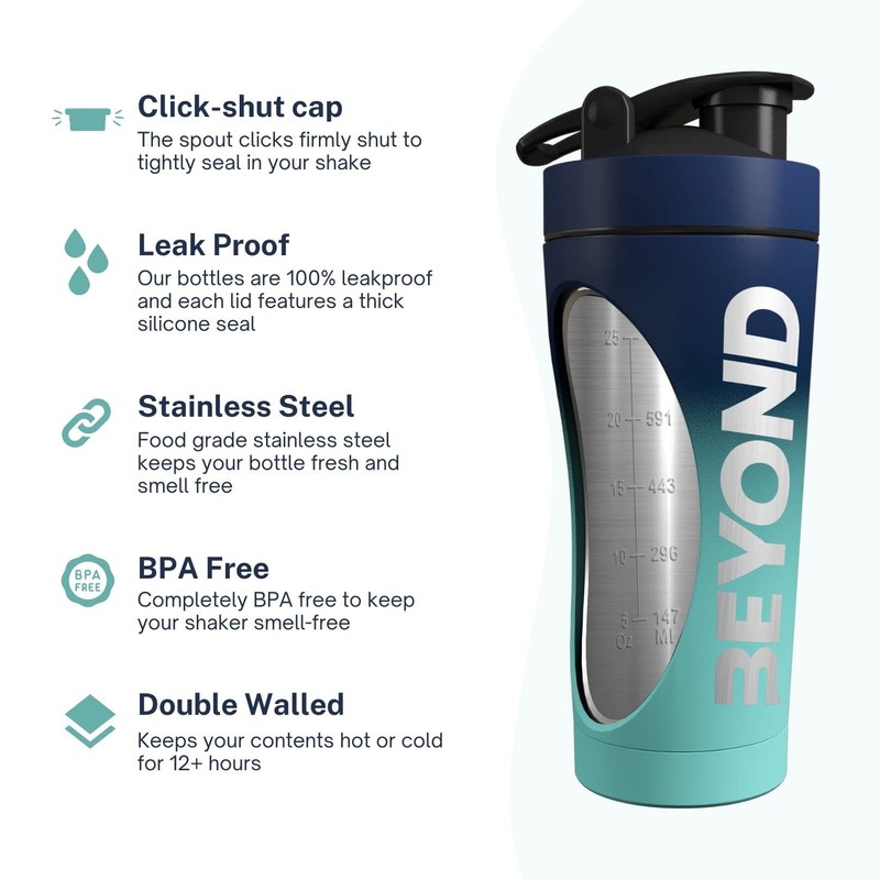 Beyond Shakers Insulated Metal Protein Shaker, Stainless Steel Supplement Bottle