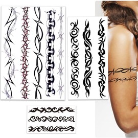 Barbed Wire Temporary Tattoo, Tribal Tattoo Costume Black Barb Wire Creeper Vine Fake Tattoos for Men Women Body Art, 3 Sheets