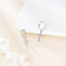 POPLYKE Sterling Silver Hanging Cross Earrings Cross/Lightning/Heart/triangle Hoop Earrings for Men Women, Medium, Metal, No Gemstone