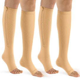 Bropite Calcetines de compresión con cremallera – 2 pares de medias altas de pantorrilla – Calcetines de compresión con puntera abierta para caminar, correr y deportes, B - Desnudo, Large-X-Large
