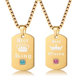Uloveido Yellow Gold Color Couples A Pair of His Queen & Her King Match Necklaces for Men and Women - Titanium Stainless Steel Square Dog Tag Pendant Necklace SN118 (Yellow Pairs)