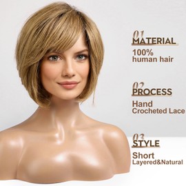 HAIRCUBE Short Brown Wig for Women Hand-Tied Lace Front Human Hair Wig Layered Bob Wig with Bangs Natural Wig for Daily Use