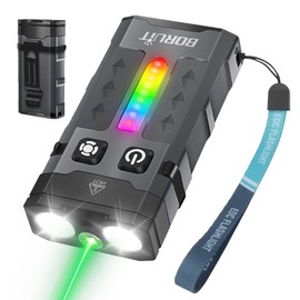 BORUIT EV20L LED Rechargeable Small EDC Flashlight with Green Beam,Pocket Keychain Flashlights with RGB Side Light,IP66 Waterproof,Clip & Tail Magnet for Outdoors Emergency Camping,Aluminum Black