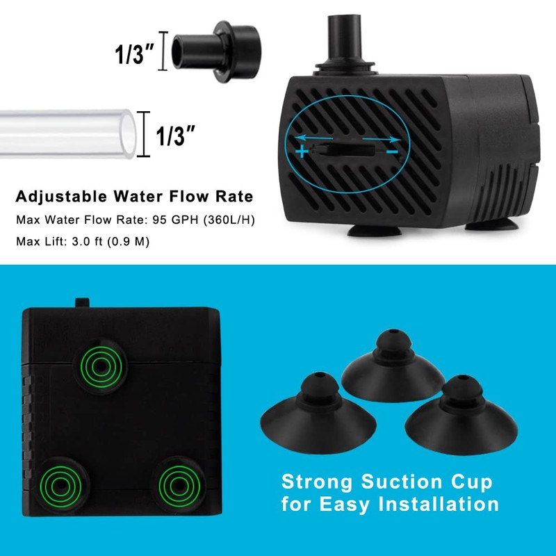 PULACO 95GPH 5W Mini Submersible Water Pump for Aquarium Fish