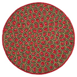 Fennco Styles Jaipur Collection Contemporary Peacock Feathers Glass Beaded 14 x 14 Inch Place Mat – Red Placemat for Banquets, Family Gathering, Special Events and Home Décor