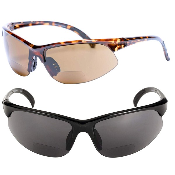 Mass Vision 2 Pair of Polarized Bifocal Sport Wrap Sunglasses - Outdoor Reading Sunglasses (Black/Tortoise, 2.0)